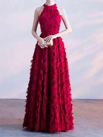 ワインレッド フェザーマキシドレス ホルターネック ノースリーブ Aライン エレガント プロムドレス
