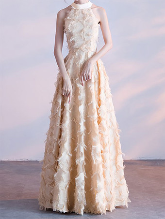 シャンパンカラーフェザーマキシドレス ホルターネック ノースリーブ Aライン エレガント プロムドレス