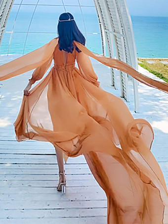 Champagne Abito lungo bianco fata con scollo a V e illusione di tulle abiti da festa sovrapposti