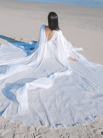 Abito lungo bianco fata con scollo a V e illusione di tulle abiti da festa sovrapposti