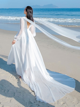 Fairy White Maxi Dress Plunge V-Back Illusion Tulle Overlay Party Dresses