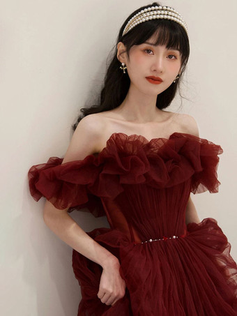 チュール プロム ドレス バーガンディ オフショルダー セミフォーマル ロングドレス