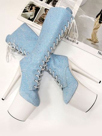 Sexy High Heel Stiefel Round Toe Lace Up Zipper Stiletto Heel Platform Pole Dance Schuhe