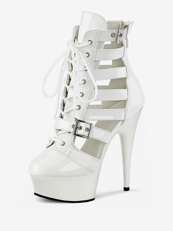 ホワイト 女性のセクシーなブーツラウンドトゥレースアップバックルストライプスティレットヒールポールダンスシューズ