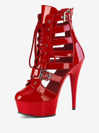 レッド 女性のセクシーなブーツラウンドトゥレースアップバックルストライプスティレットヒールポールダンスシューズ