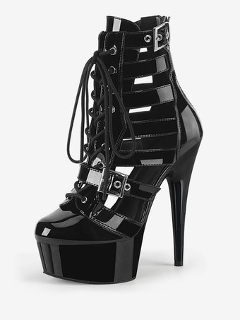 ブラック 女性のセクシーなブーツラウンドトゥレースアップバックルストライプスティレットヒールポールダンスシューズ