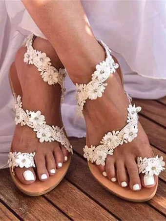 Boho Wedding Shoes Brown Toe Loop Flowers Flat Sandals