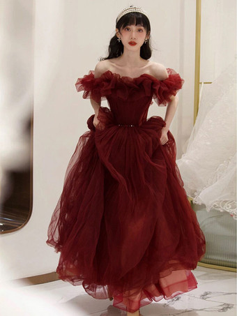 チュール プロム ドレス バーガンディ オフショルダー セミフォーマル ロングドレス