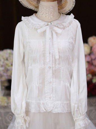 ホワイト 甘いロリータ ブラウス白長袖レース フリル ロリータ トップ ロリータ シャツ