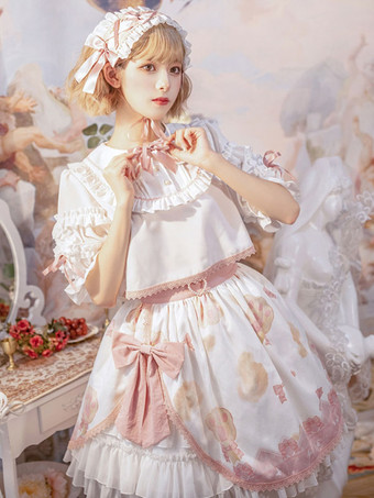甘ロリータ衣装 ホワイト フリル リボン レース 半袖 スカート トップ