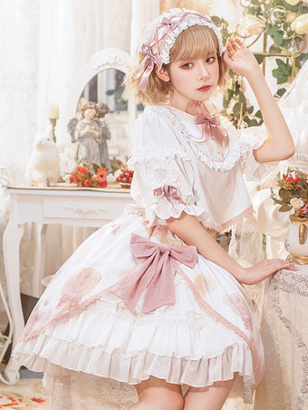 甘ロリータ衣装 ホワイト フリル リボン レース 半袖 スカート トップ