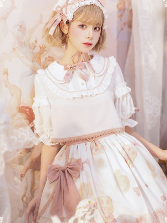 甘ロリータ衣装 ホワイト フリル リボン レース 半袖 スカート トップ
