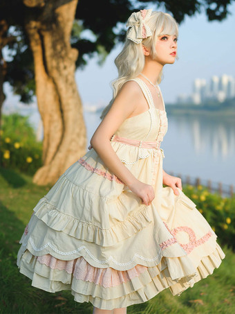 甘いロリータ ドレス ポリエステル ノースリーブ フリル ジャンパー ドレス