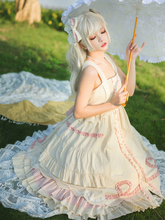 甘いロリータ ドレス ポリエステル ノースリーブ フリル ジャンパー ドレス