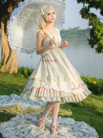 甘いロリータ ドレス ポリエステル ノースリーブ フリル ジャンパー ドレス