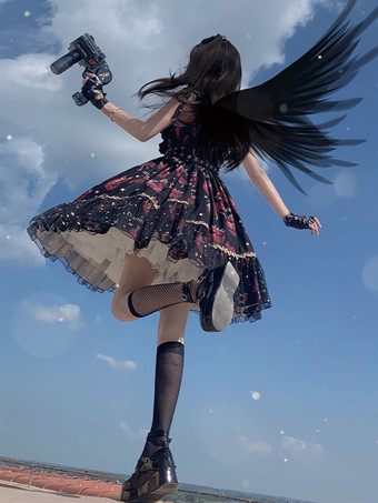 ゴシックロリータドレス フリル 星柄 プリント ブラック ブラック