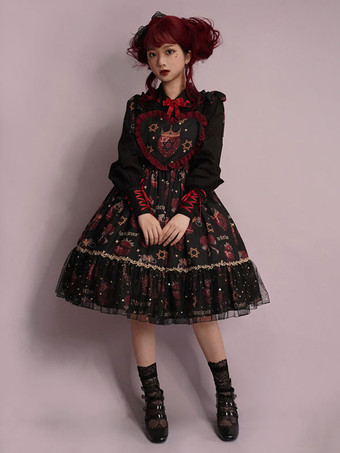 ゴシックロリータドレス フリル 星柄 プリント ブラック ブラック