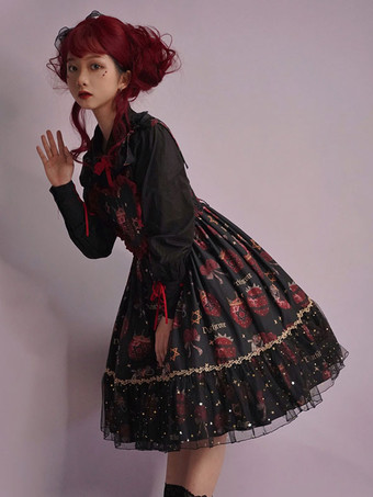 ゴシックロリータドレス フリル 星柄 プリント ブラック ブラック