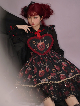 ゴシックロリータドレス フリル 星柄 プリント ブラック ブラック