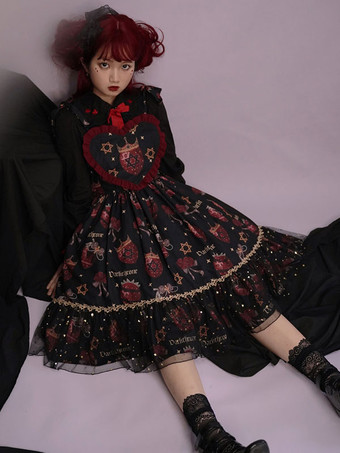 ゴシックロリータドレス フリル 星柄 プリント ブラック ブラック