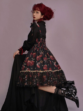 ゴシックロリータドレス フリル 星柄 プリント ブラック ブラック