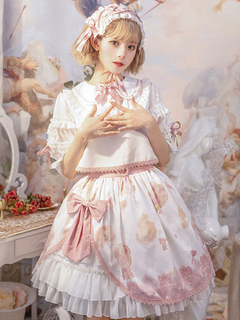ホワイト 甘ロリータ衣装 ホワイト フリル リボン レース 半袖 スカート トップ