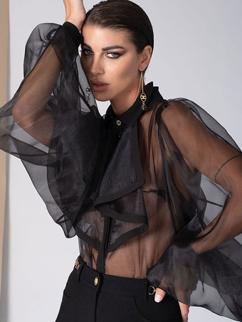 ブラック 女性のためのブラウス ホワイト シアー ターンダウン カラー セクシーな長袖ポリエステル トップス