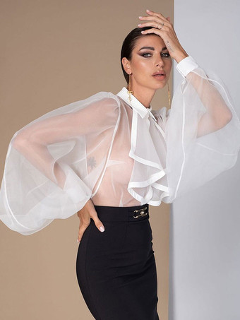 女性のためのブラウス ホワイト シアー ターンダウン カラー セクシーな長袖ポリエステル トップス