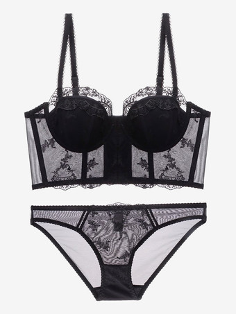ブラック ブライダルランジェリーブラとパンティセットの女性のレースの下着