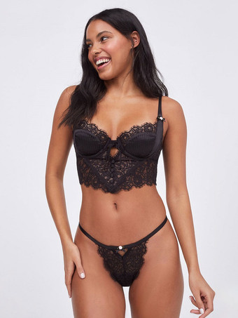 noir Lingerie De Mariée Soutien-gorge Culotte Sous-vêtement 2 Pièces En Dentelle Pour Femme