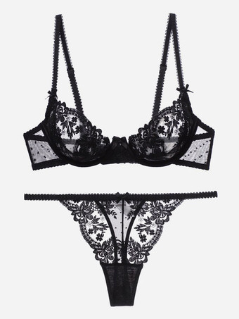 ブラック ブライダルランジェリーウェディングブラとパンティ2ピースレース下着セット