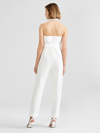 アイボリーブライダルジャンプスーツサッシュアンクル丈 A ラインホルターノースリーブウェディングジャンプスーツ無料カスタマイズ