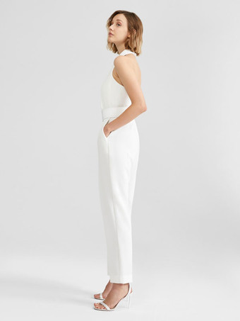 アイボリーブライダルジャンプスーツサッシュアンクル丈 A ラインホルターノースリーブウェディングジャンプスーツ無料カスタマイズ