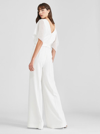ホワイトブライダルジャンプスーツマキシレングス Aライン Vネック 半袖 ウェディングジャンプスーツ 自由なカスタマイズ