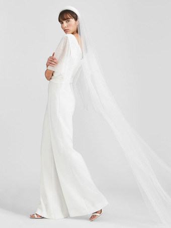 ホワイトブライダルジャンプスーツマキシレングス Aライン Vネック 半袖 ウェディングジャンプスーツ 自由なカスタマイズ