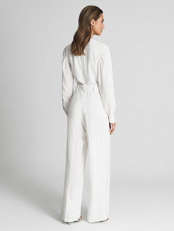 アイボリーブライダルジャンプスーツサッシュ床の長さ A ライン V ネック長袖ウェディングジャンプスーツ無料カスタマイズ