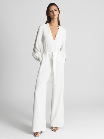 アイボリーブライダルジャンプスーツサッシュ床の長さ A ライン V ネック長袖ウェディングジャンプスーツ無料カスタマイズ