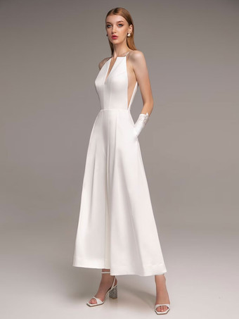 Ivory Bridal Jumpsuit 2024 Pockets Ankle-Length A-Line V-Neck Sleeveless Wedding Jumpsuit Free Customization