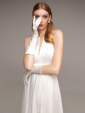 アイボリー ブライダル ジャンプスーツポケット くるぶし丈 Aライン Vネック ノースリーブ ウェディング ジャンプスーツ 自由なカスタマイズ