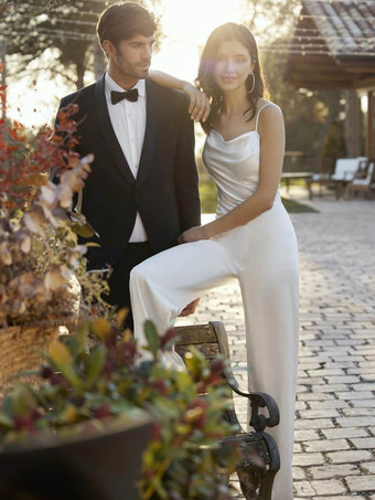 アイボリーブライダルジャンプスーツマキシレングス Aライン スクエアネック ノースリーブ ウェディングジャンプスーツ 自由なカスタマイズ