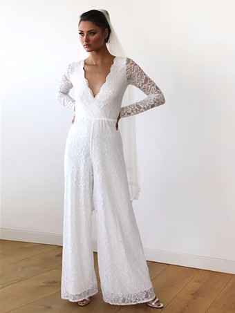 Ivory Bridal Jumpsuit 2024 Lace Floor-Length A-Line V-Neck Long Sleeves Wedding Jumpsuit Free Customization
