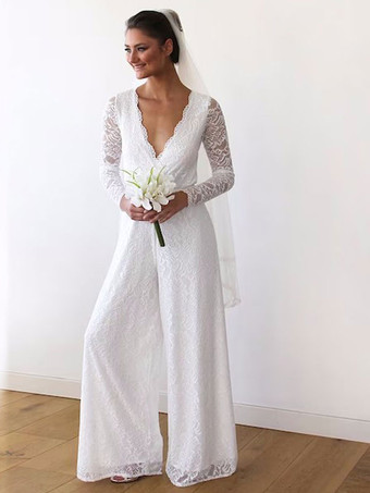 アイボリーブライダルジャンプスーツレースフロアレングス A ライン V ネック長袖ウェディングジャンプスーツ無料カスタマイズ