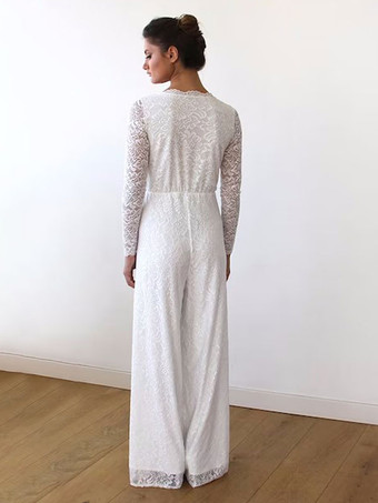 アイボリーブライダルジャンプスーツレースフロアレングス A ライン V ネック長袖ウェディングジャンプスーツ無料カスタマイズ