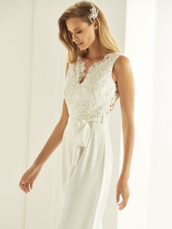 アイボリーブライダルジャンプスーツ 2025 レース アンクル丈 Aライン Vネック ノースリーブ ウェディングジャンプスーツ 無料カスタマイズ