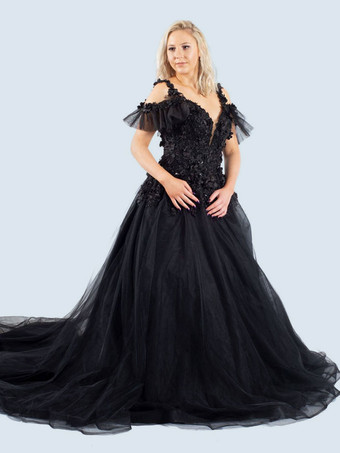 Vestidos de novia negros góticos Una línea de encaje sin mangas con tren Vestido de novia Personalización gratuita