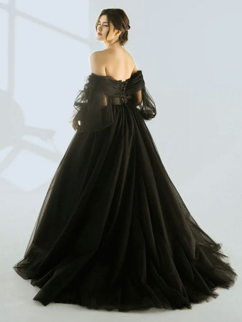 黒のウェディングドレスA ライン長袖レーストレインブライダルガウン無料カスタマイズ