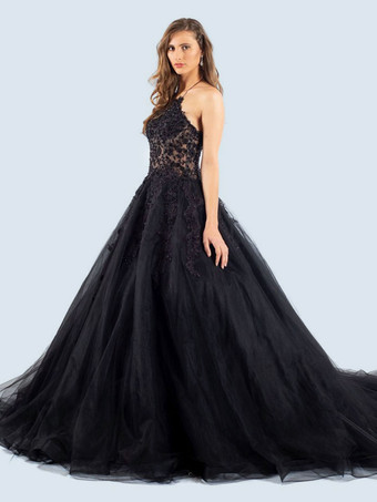 ブラックゴシックブラックのウェディングドレス A ラインノースリーブレーストレインブライダルガウン無料カスタマイズ