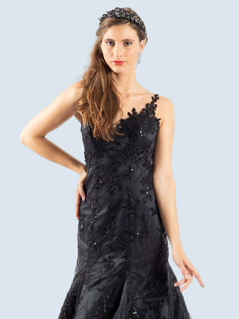 黒のウェディングドレスマーメイドスパゲッティストラップノースリーブレーストレーンブライダルドレス無料カスタマイズ