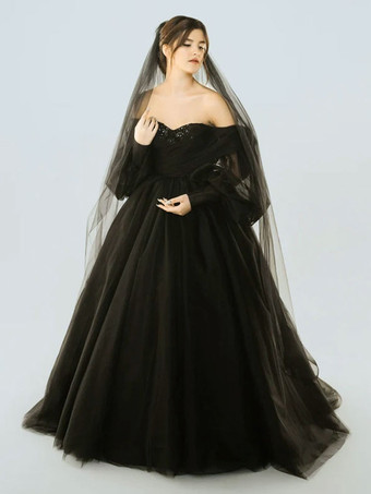 Черные свадебные платья 2024 A-Line с длинными рукавами и кружевом со шлейфом Свадебное платье Бесплатная настройка
