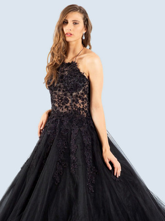 ゴシックブラックのウェディングドレス A ラインノースリーブレーストレインブライダルガウン無料カスタマイズ